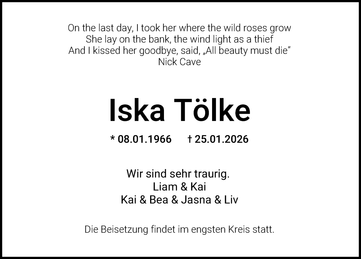 Traueranzeige von Iska Tölke von WESER-KURIER