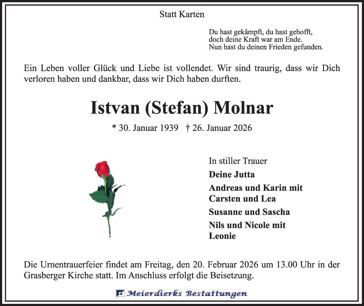 Traueranzeige von Istvan (Stefan) Molnar von Wuemme Zeitung