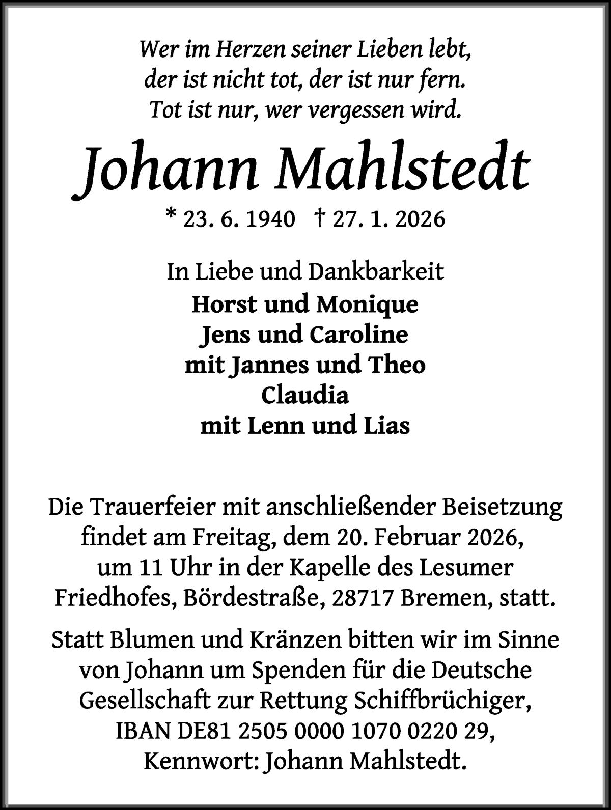 Traueranzeige von Johann Mahlstedt von Die Norddeutsche