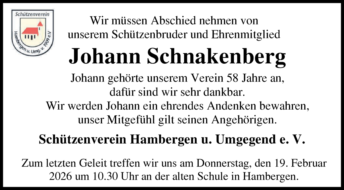 Traueranzeige von Johann Schnakenberg von Osterholzer Kreisblatt