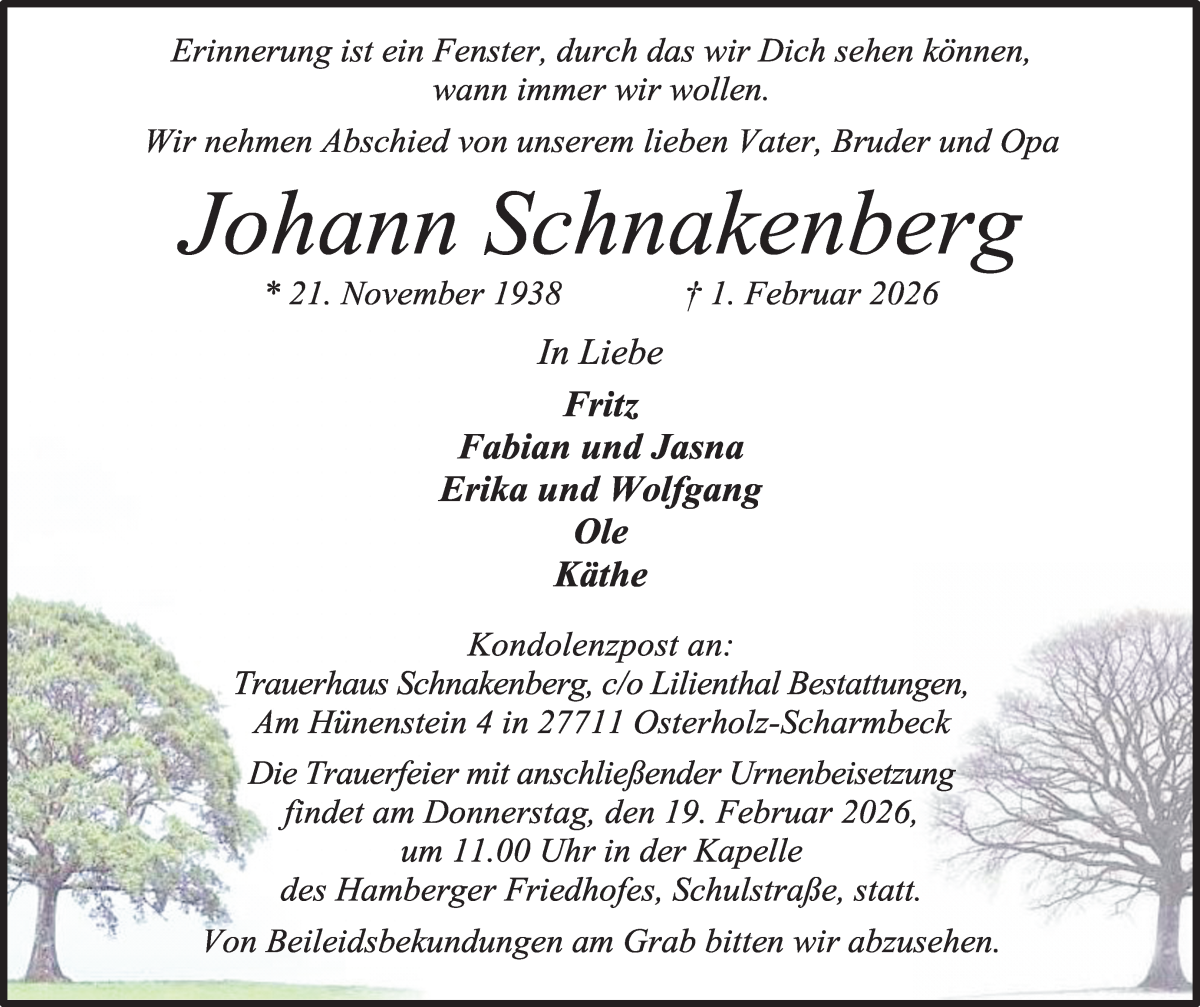 Traueranzeige von Johann Schnakenberg von Osterholzer Kreisblatt