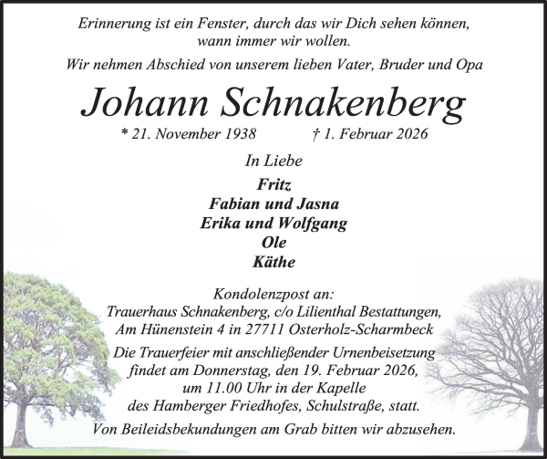 Traueranzeige von Johann Schnakenberg von Osterholzer Kreisblatt