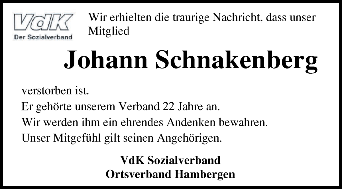 Traueranzeige von Johann Schnakenberg von Osterholzer Kreisblatt