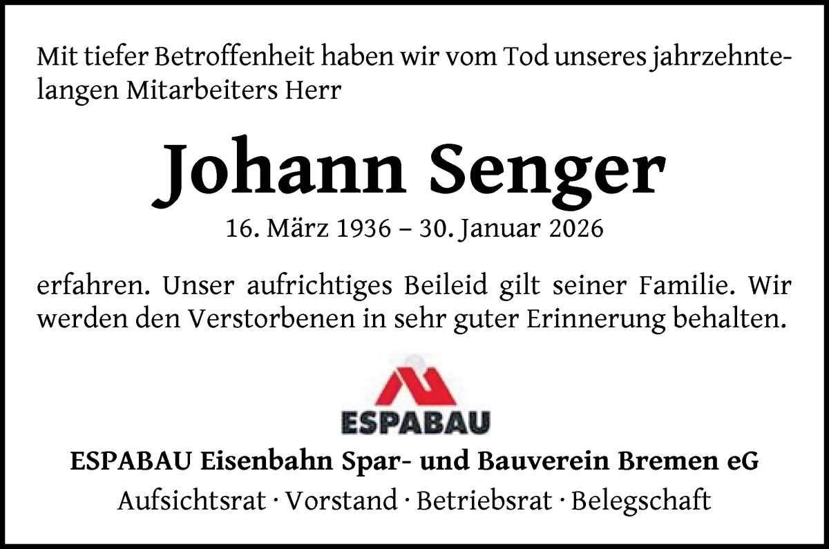 Traueranzeige von Johann Senger von WESER-KURIER