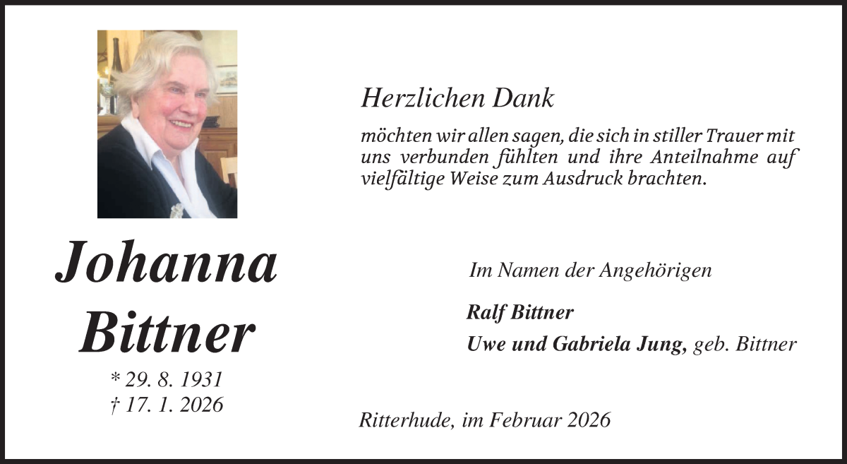 Traueranzeige von Johanna Bittner von Osterholzer Kreisblatt