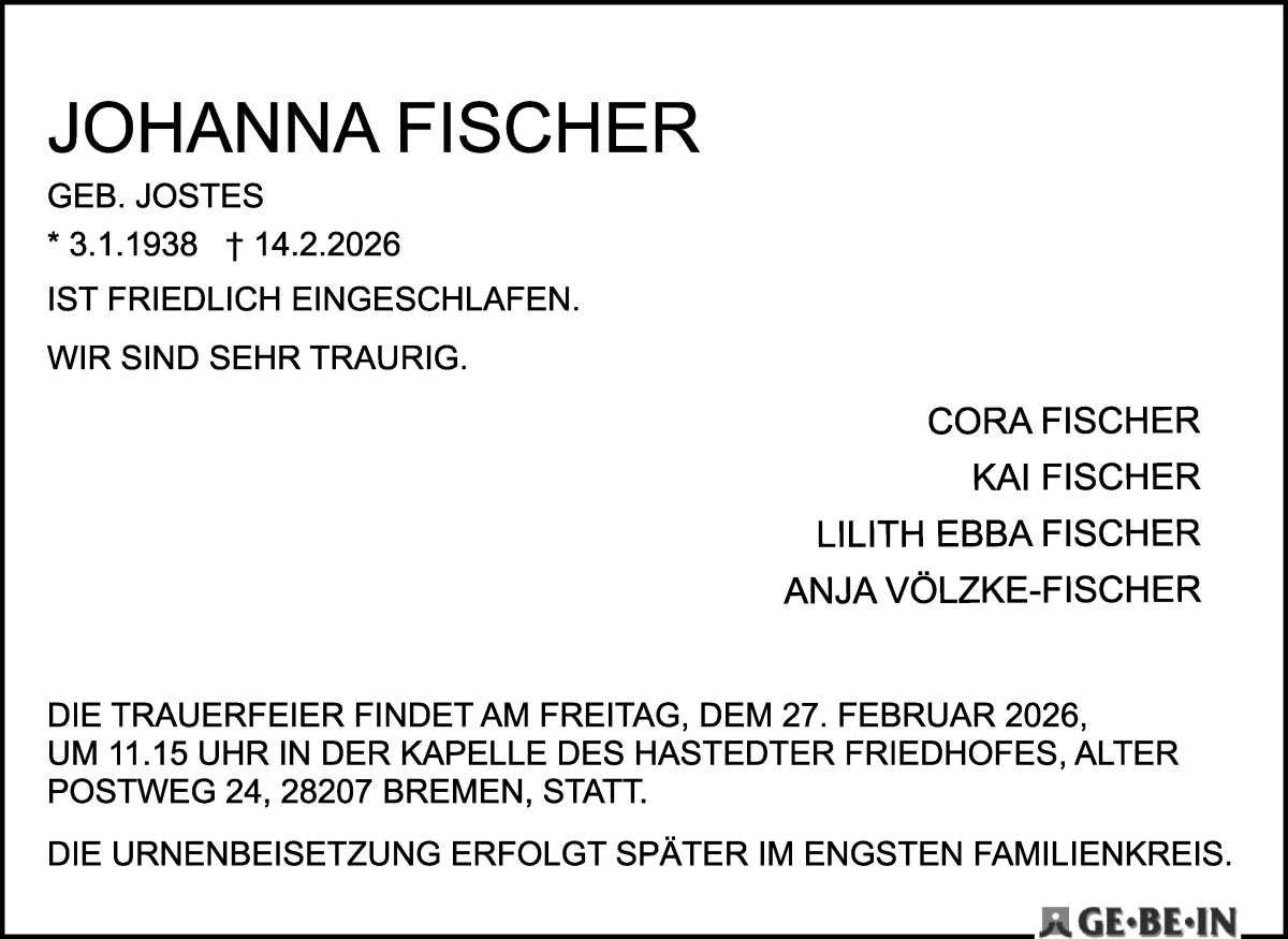  Traueranzeige für Johanna Fischer vom 21.02.2026 aus WESER-KURIER