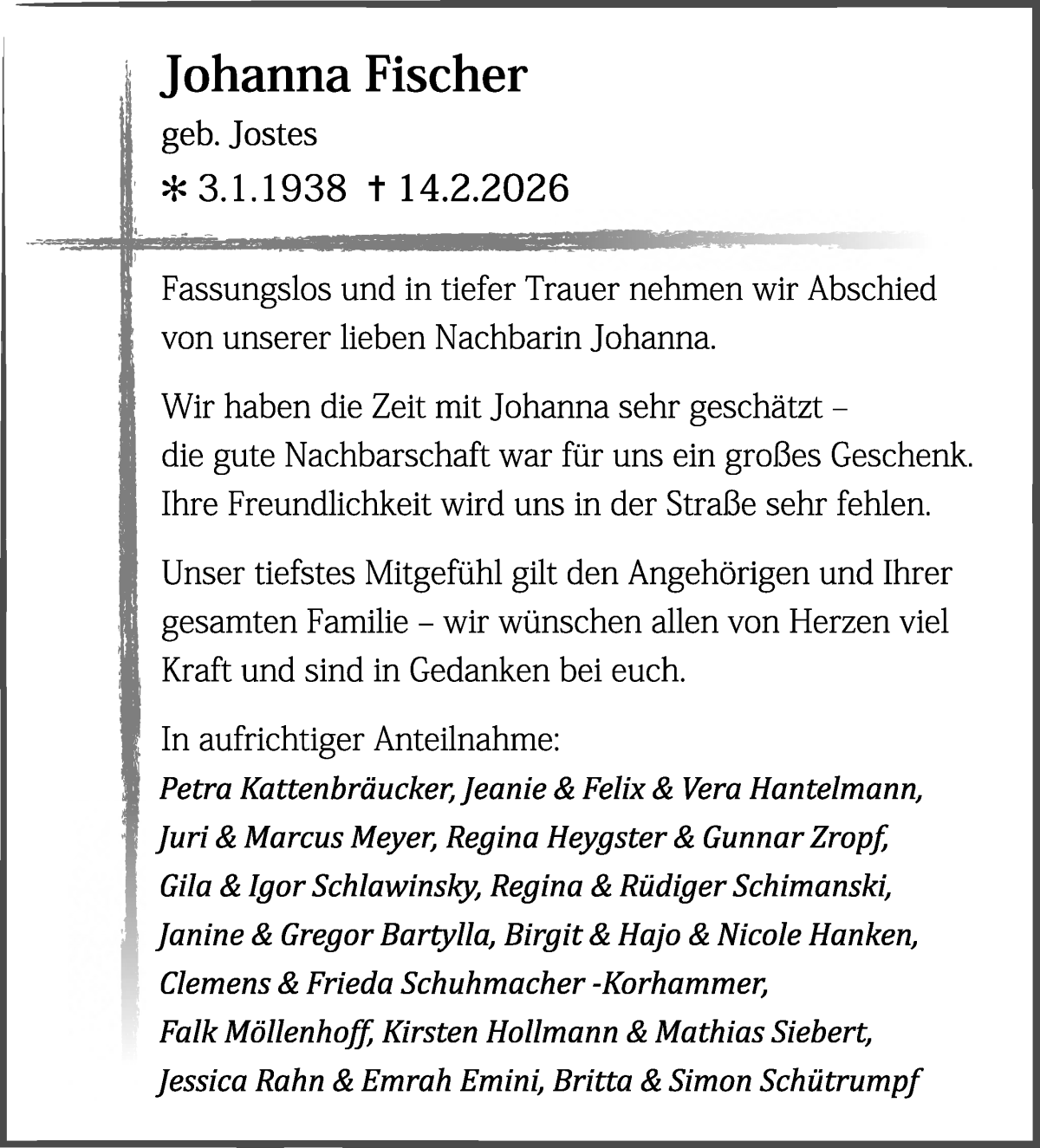  Traueranzeige für Johanna Fischer vom 21.02.2026 aus WESER-KURIER