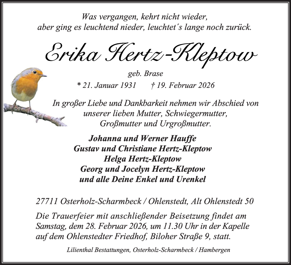 Traueranzeige für Johanna Hertz-Kleptow vom 25.02.2026 aus Osterholzer Kreisblatt