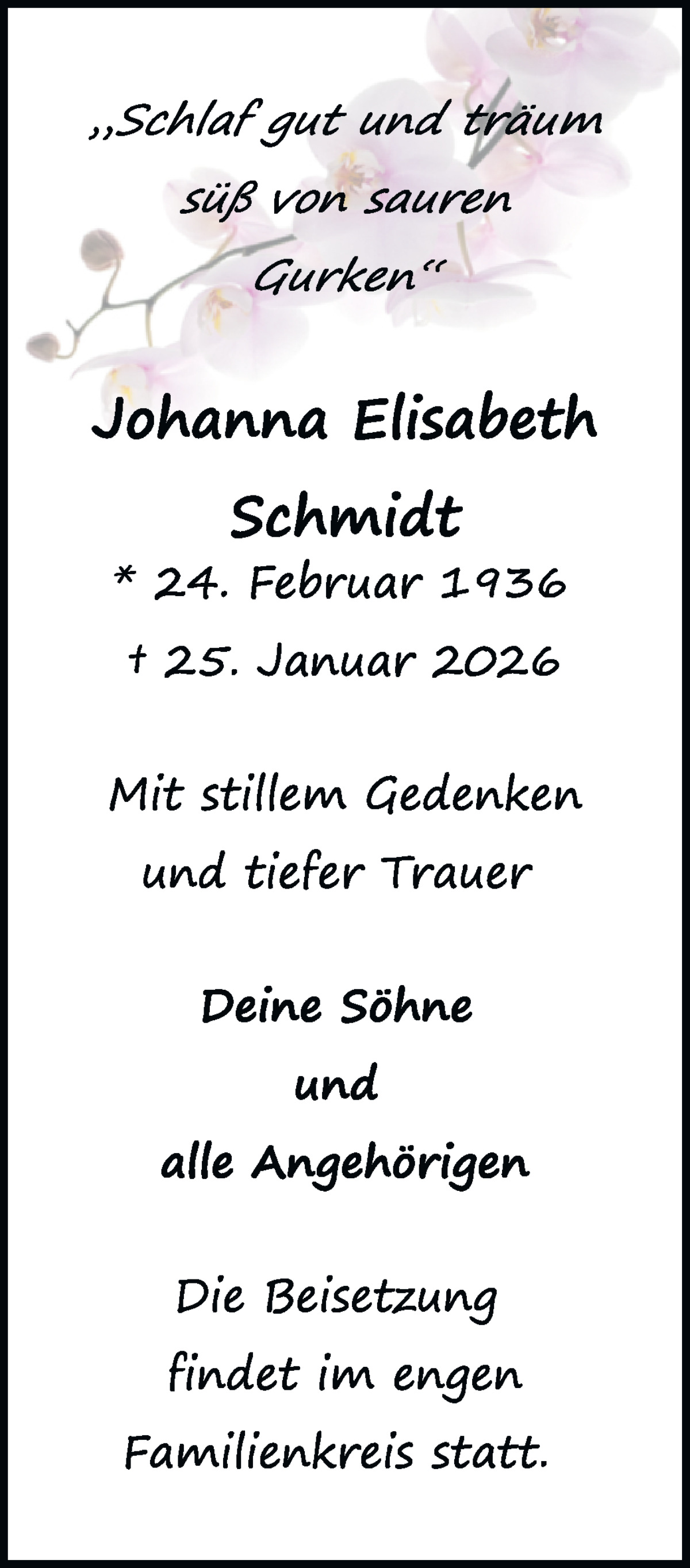 Traueranzeige von Johanna Elisabeth Schmidt von WESER-KURIER