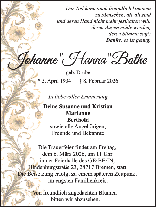 Traueranzeige von Johanne Lobhe von Die Norddeutsche
