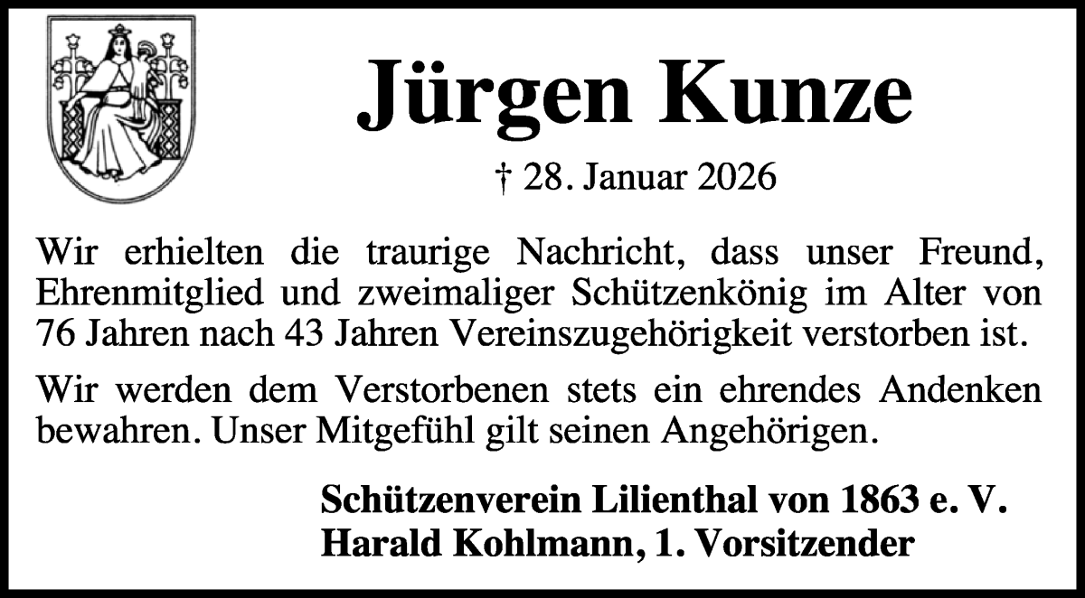 Traueranzeige von Jürgen Kunze von Wuemme Zeitung