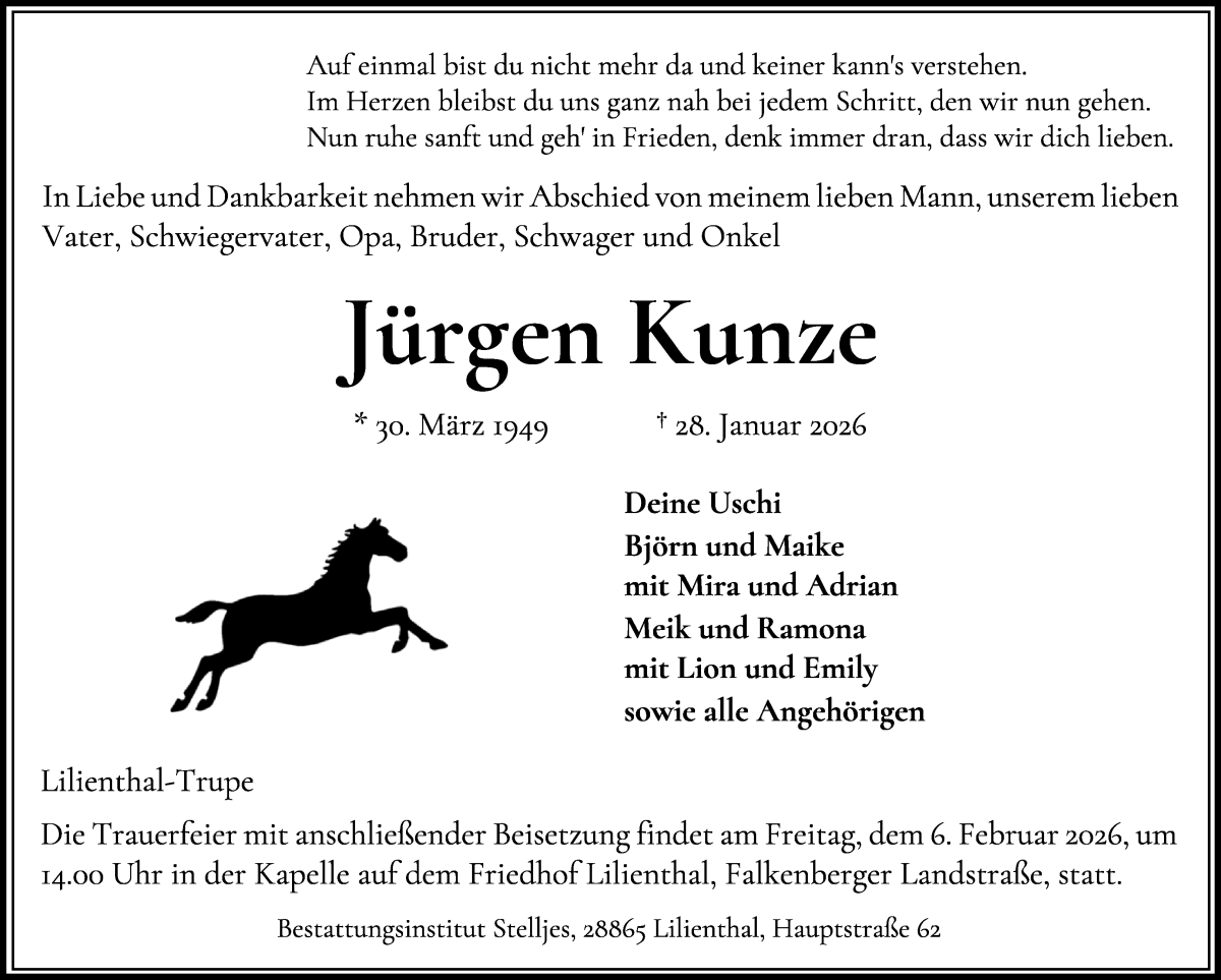  Traueranzeige für Jürgen Kunze vom 04.02.2026 aus Wuemme Zeitung