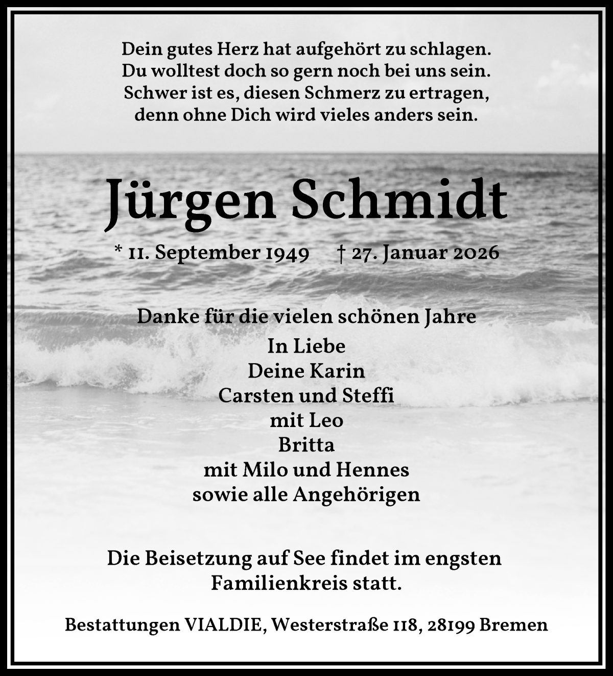 Traueranzeige von Jürgen Schmidt von WESER-KURIER