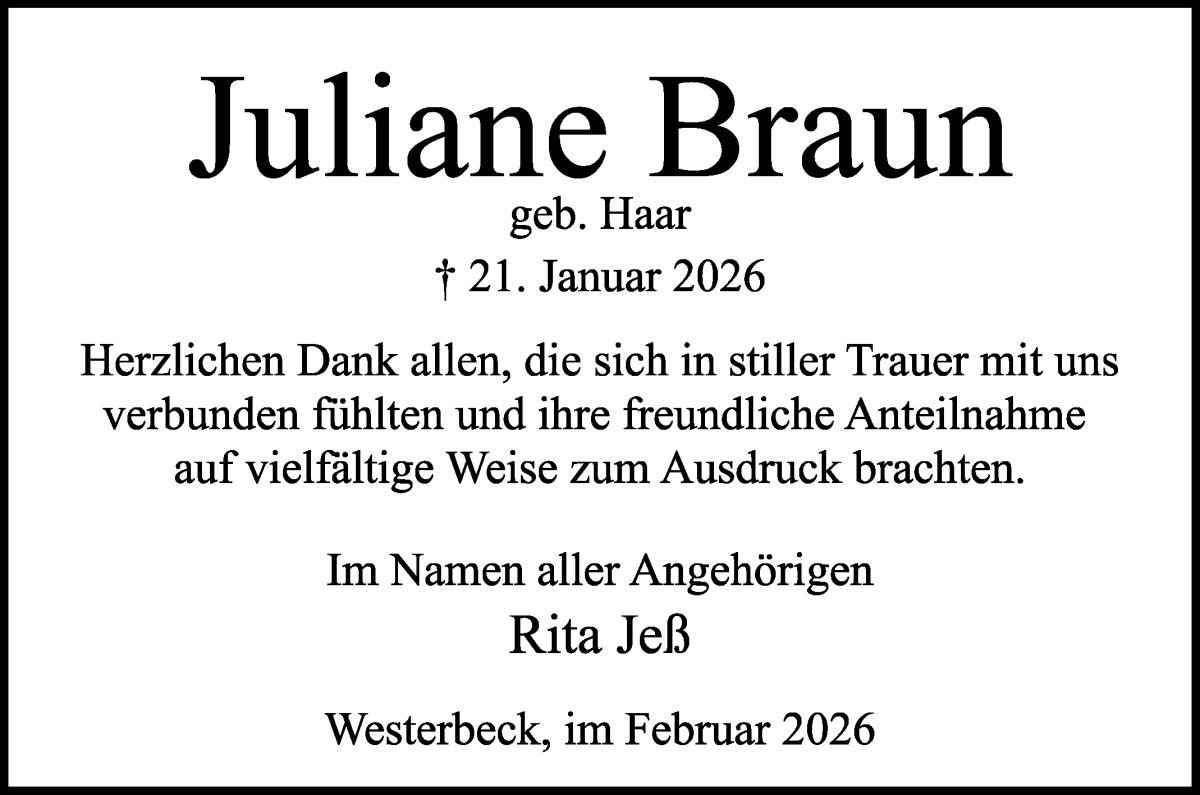 Traueranzeige von Juliane Braun von Osterholzer Kreisblatt