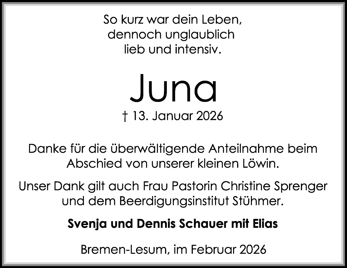 Traueranzeige von Juna Schauer von Die Norddeutsche