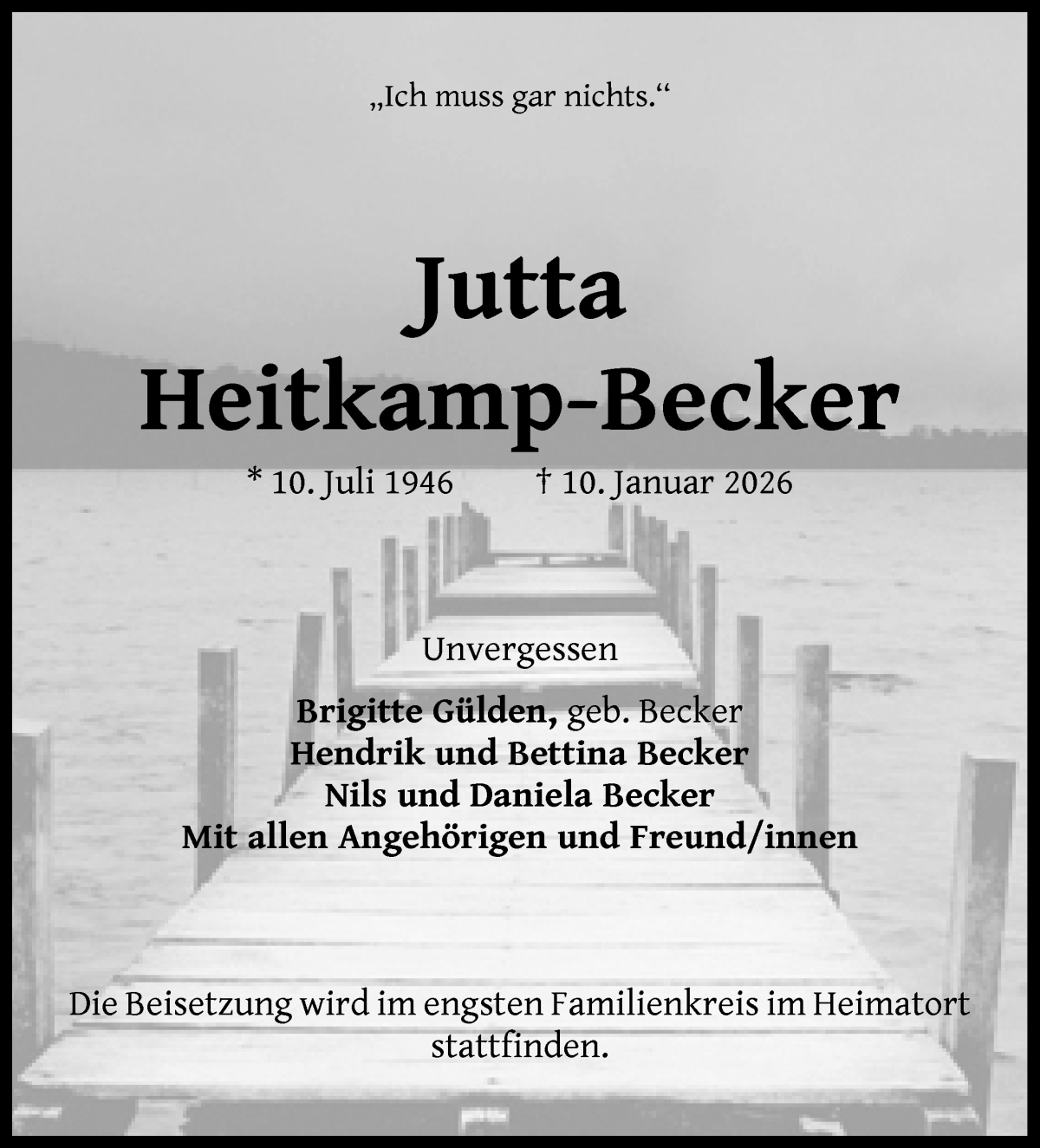 Traueranzeige von Jutta Heitkamp-Becker von WESER-KURIER