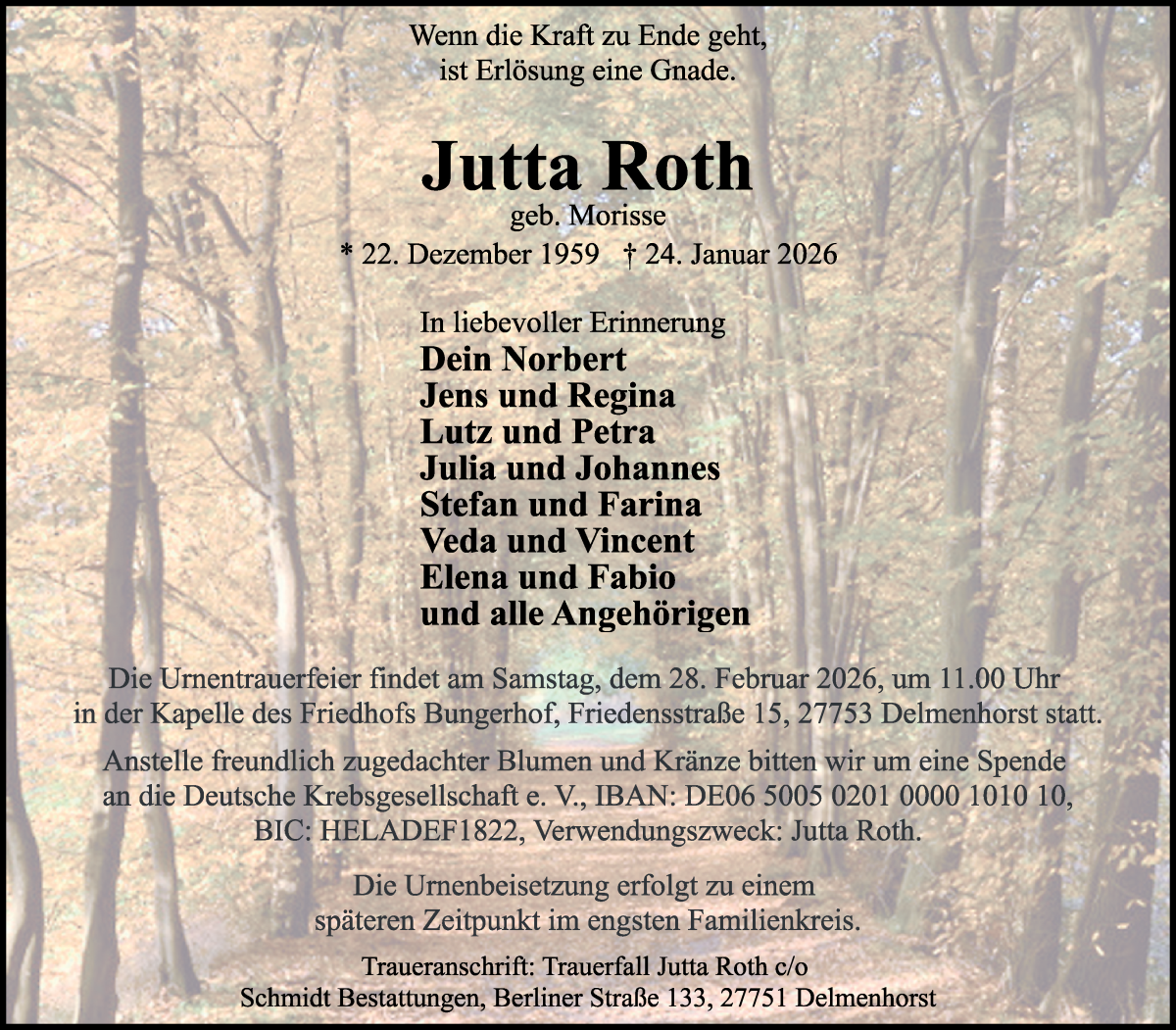 Traueranzeige von Jutta Roth von Die Norddeutsche