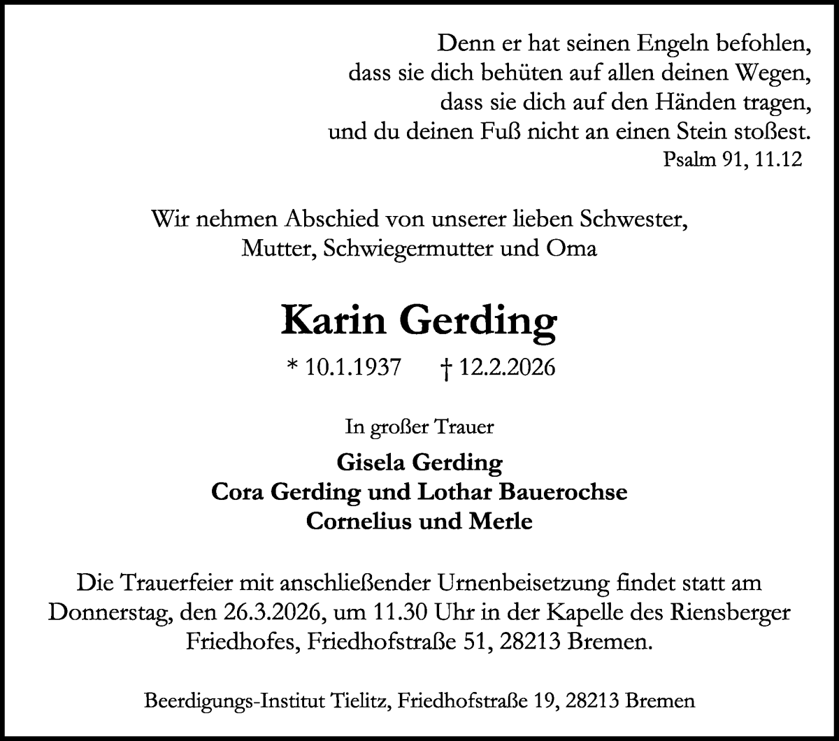 Traueranzeige von Karin Gerding von WESER-KURIER