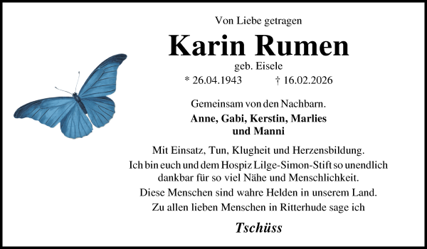 Traueranzeige von Karin Rumen von Osterholzer Kreisblatt