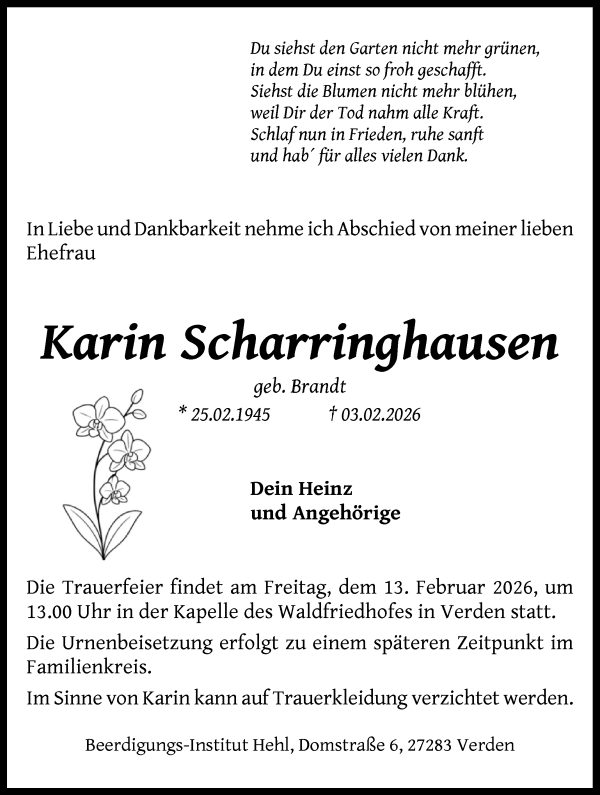 Traueranzeige von Karin Scharringhausen von WESER-KURIER
