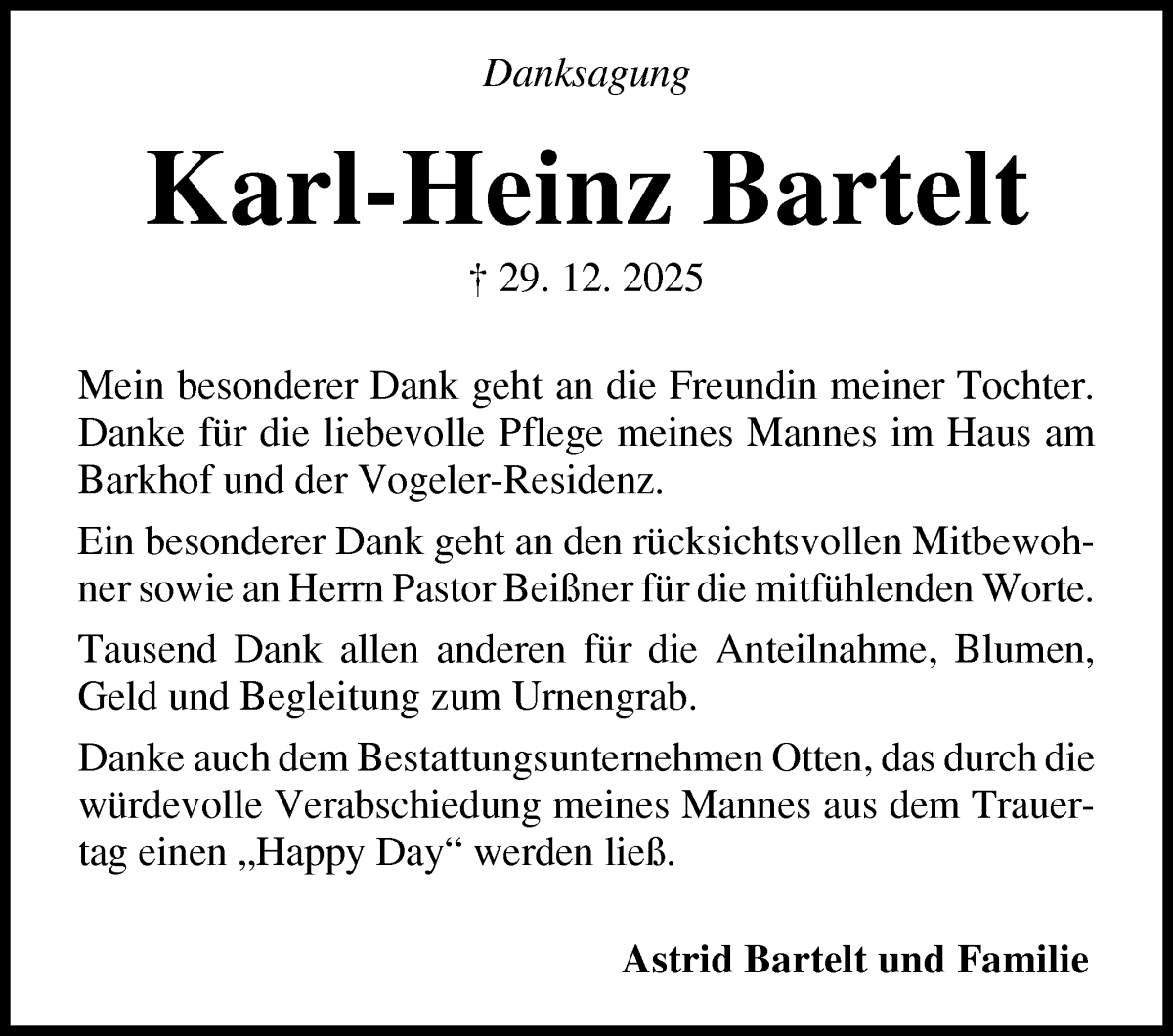 Traueranzeige von Karl-Heinz Bartelt von Osterholzer Kreisblatt