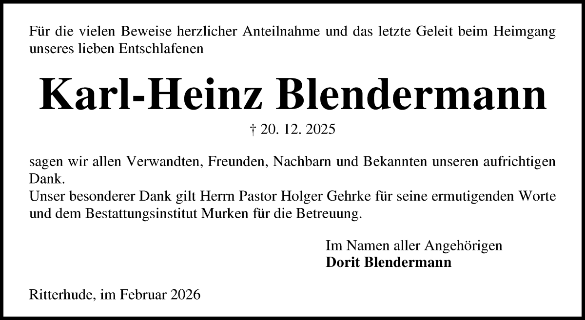 Traueranzeige von Karl-Heinz Blendermann von Osterholzer Kreisblatt