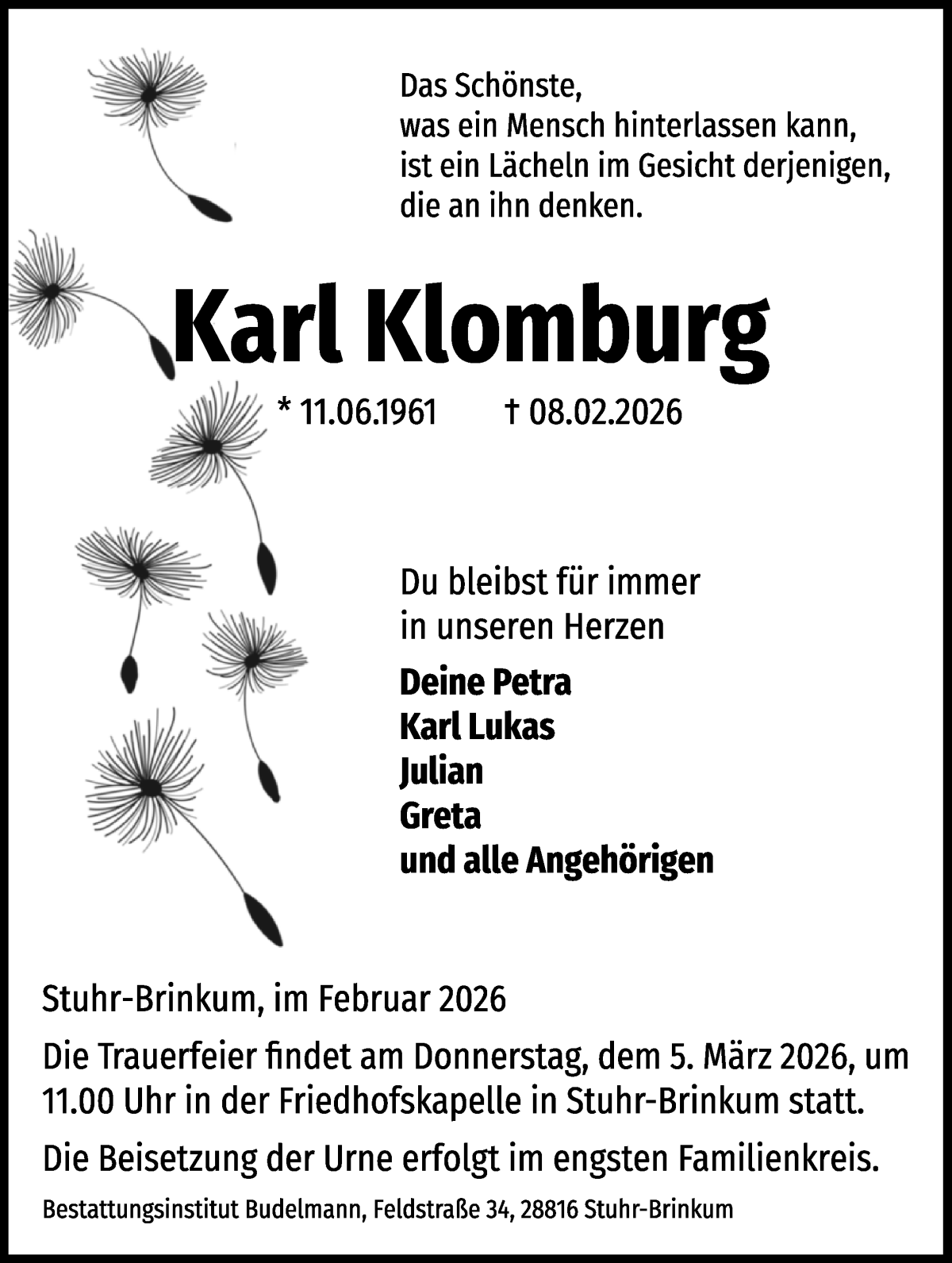 Traueranzeige von Karl Klomburg von Regionale Rundschau/Syker Kurier