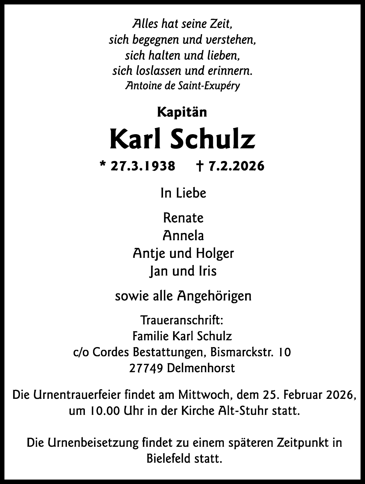 Traueranzeige von Karl Schulz von WESER-KURIER