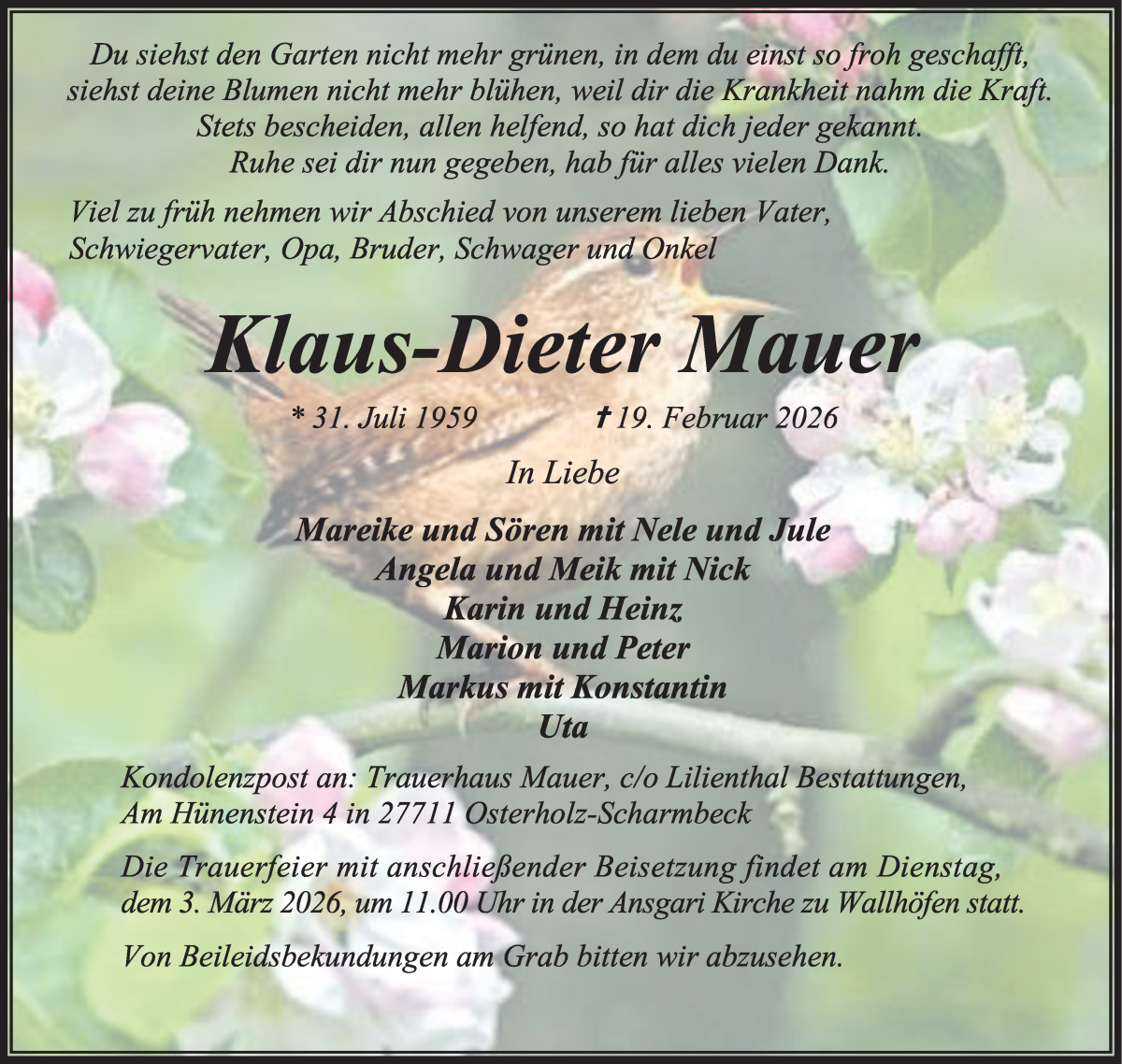  Traueranzeige für Klaus-Dieter Mauer vom 25.02.2026 aus Osterholzer Kreisblatt