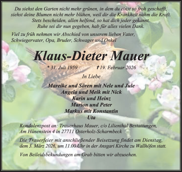 Traueranzeige von Klaus-Dieter Mauer von Osterholzer Kreisblatt