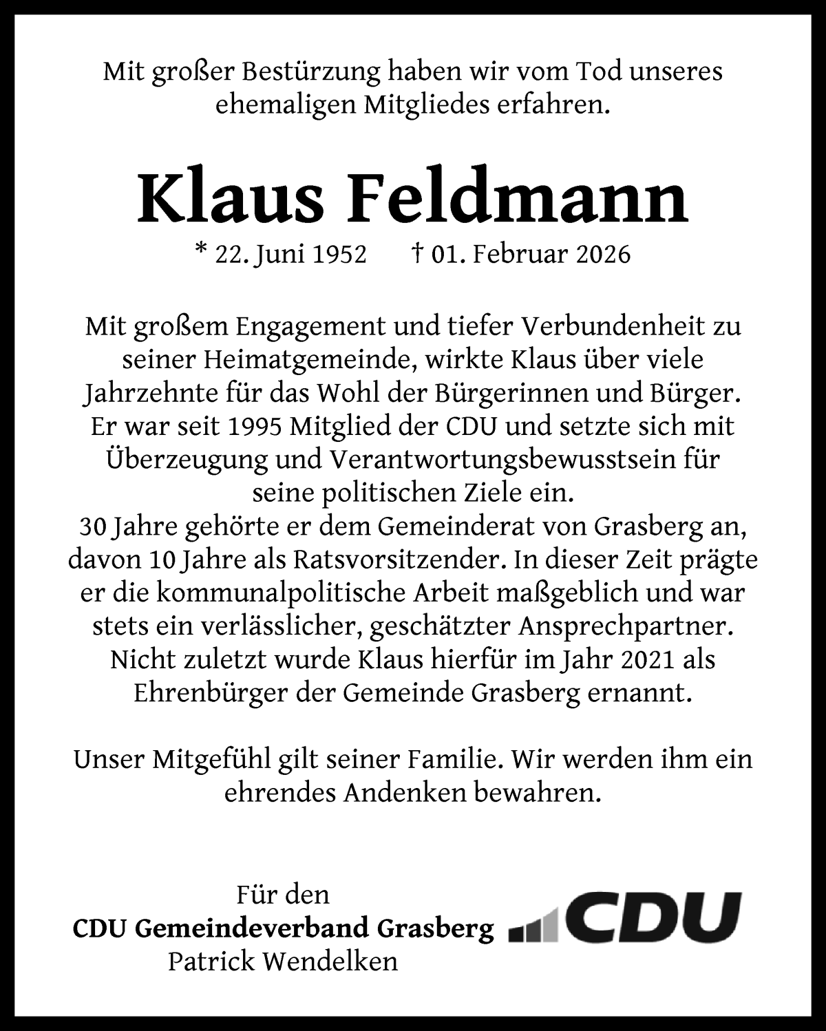 Traueranzeige von Klaus Feldmann von Wuemme Zeitung