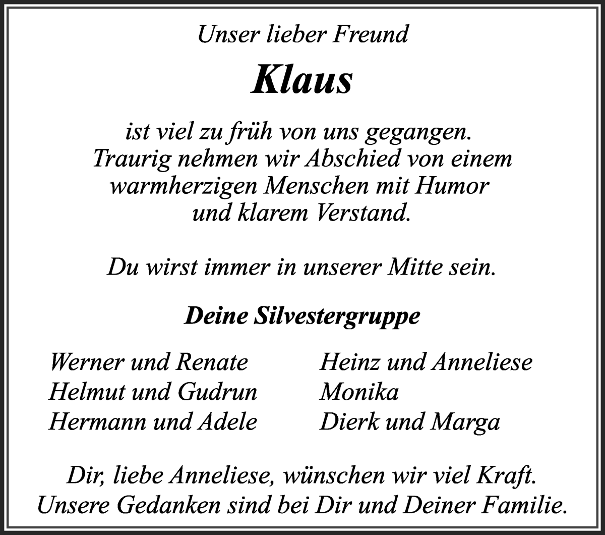Traueranzeige von Klaus Feldmann von Wuemme Zeitung
