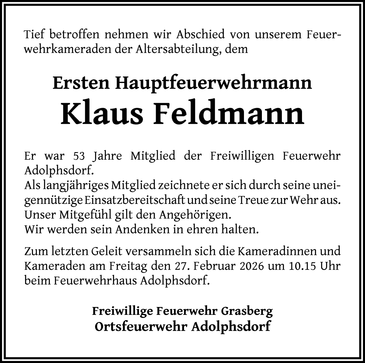 Traueranzeige von Klaus Feldmann von Wuemme Zeitung