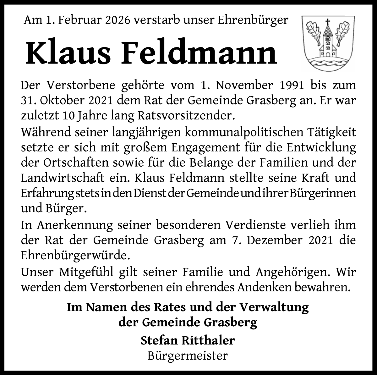 Traueranzeige von Klaus Feldmann von Wuemme Zeitung