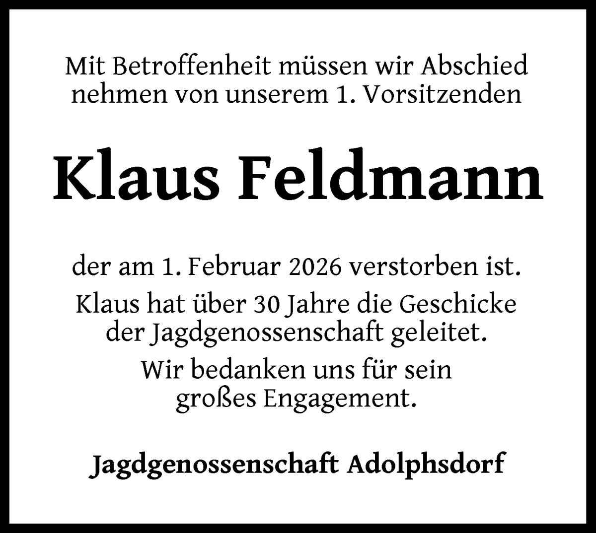 Traueranzeige von Klaus Feldmann von Wuemme Zeitung