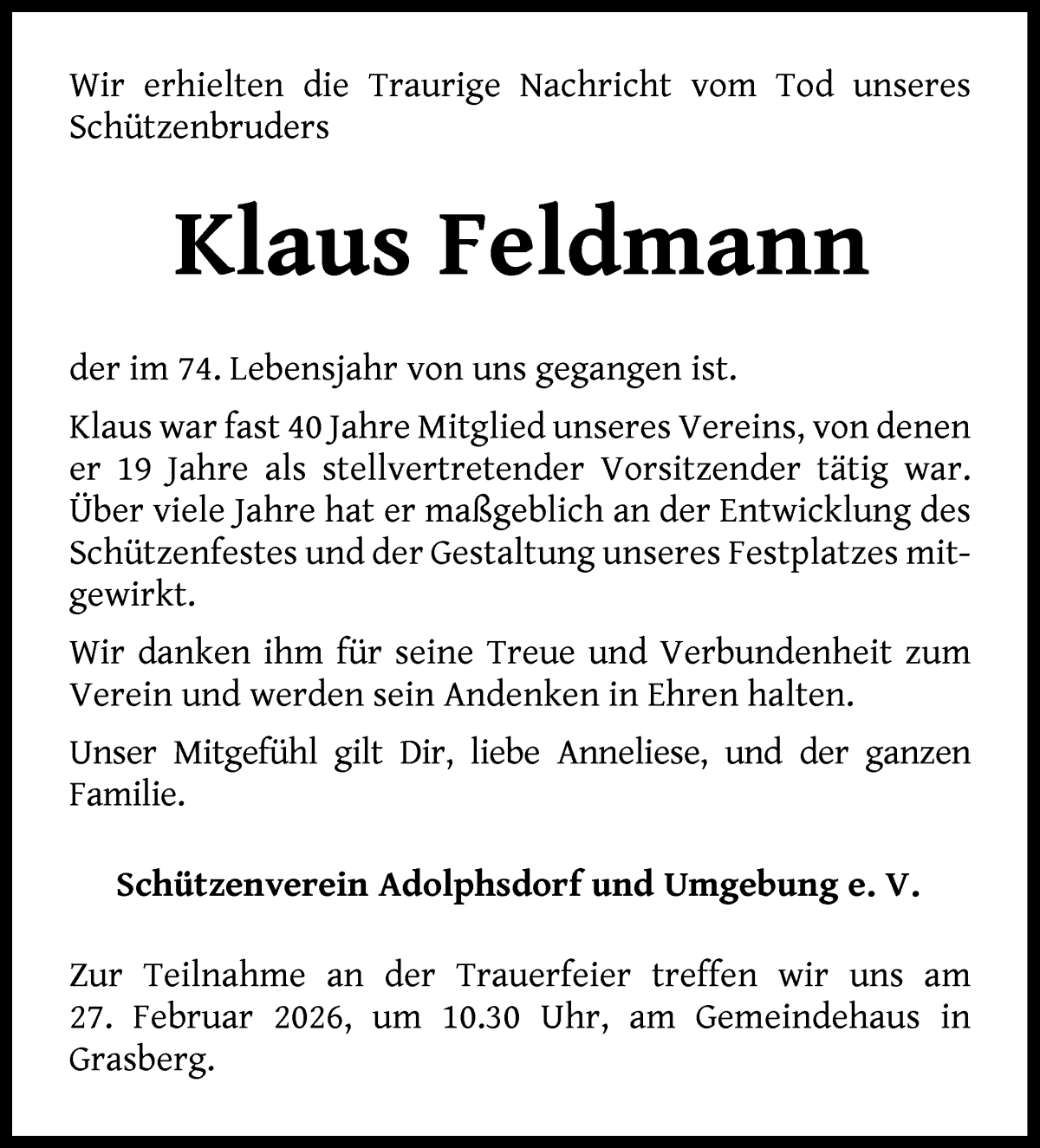 Traueranzeige von Klaus Feldmann von Wuemme Zeitung
