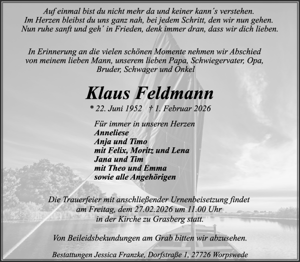 Traueranzeige von Klaus Feldmann von Wuemme Zeitung