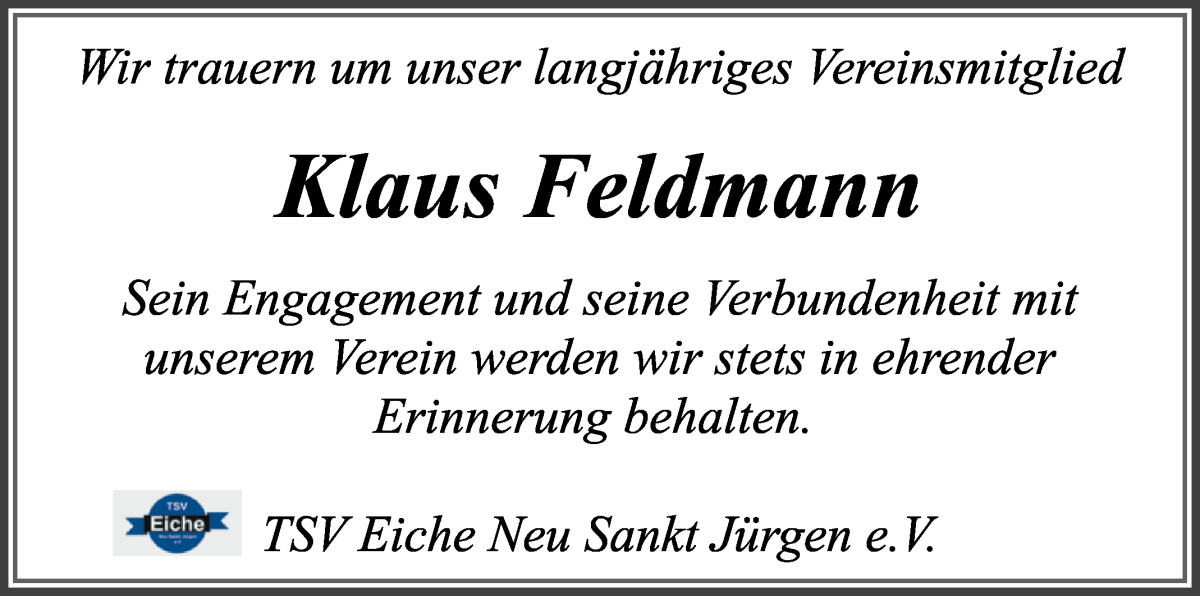 Traueranzeige von Klaus Feldmann von Wuemme Zeitung