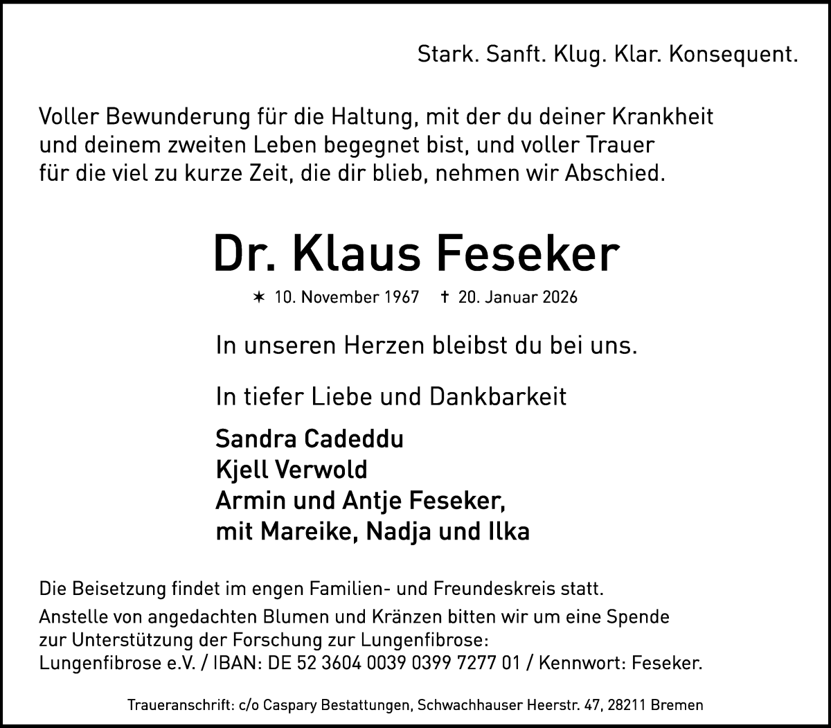 Traueranzeige von Klaus Feseker von WESER-KURIER