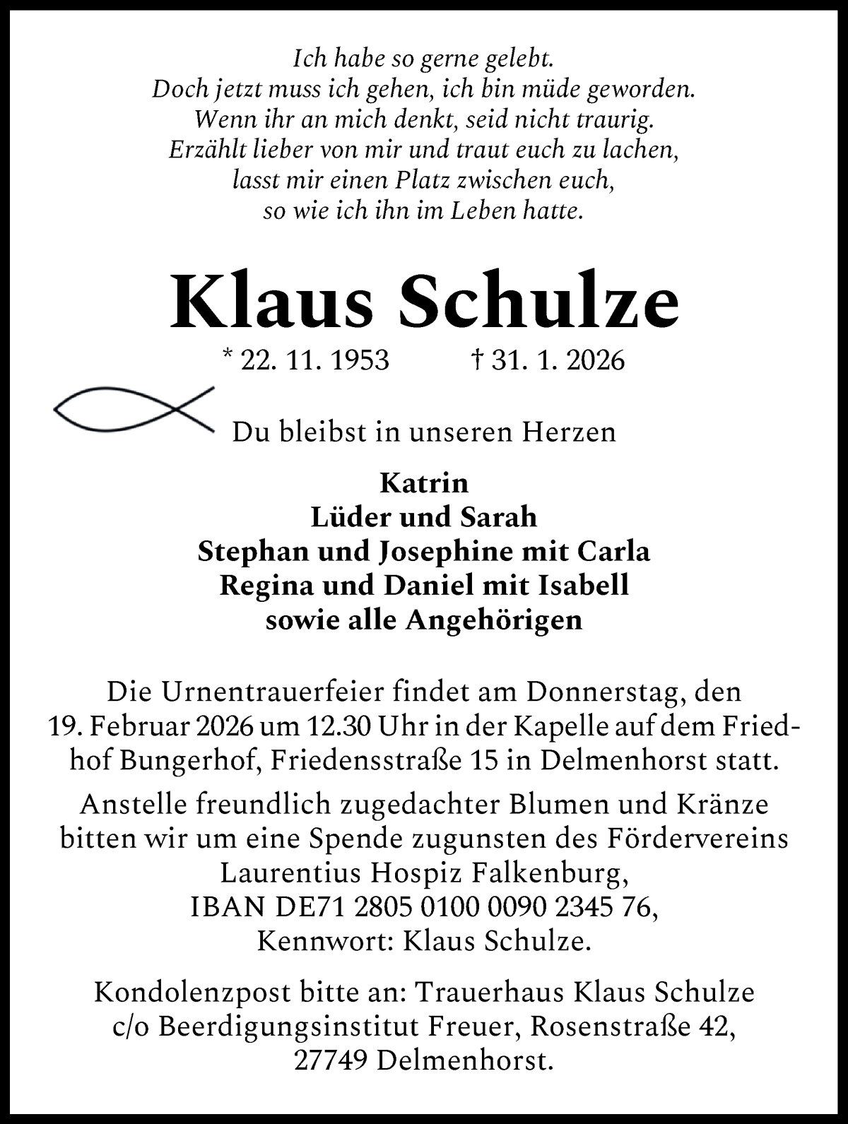 Traueranzeige von Klaus Schulze von WESER-KURIER