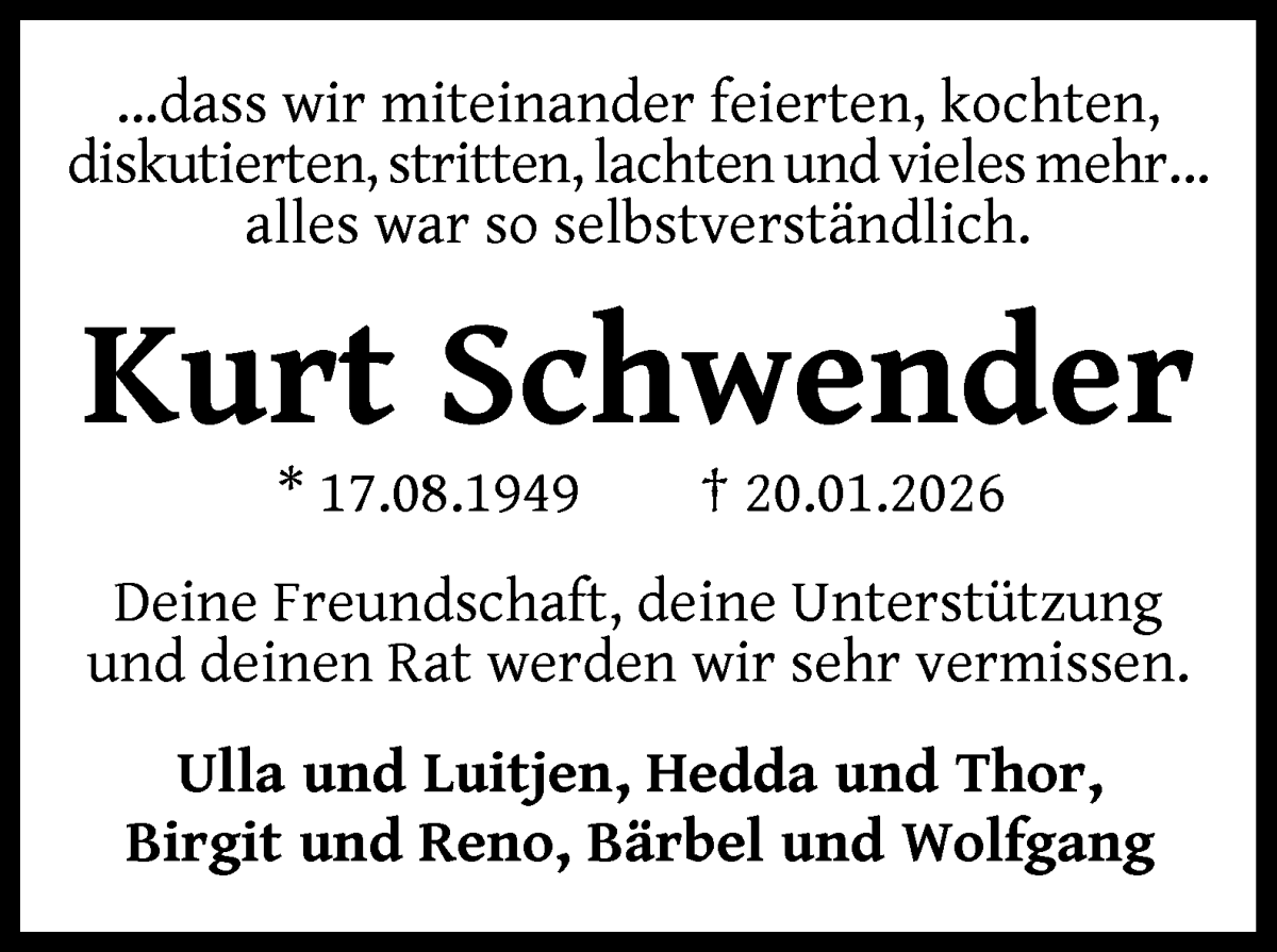 Traueranzeige von Kurt Schwender von WESER-KURIER