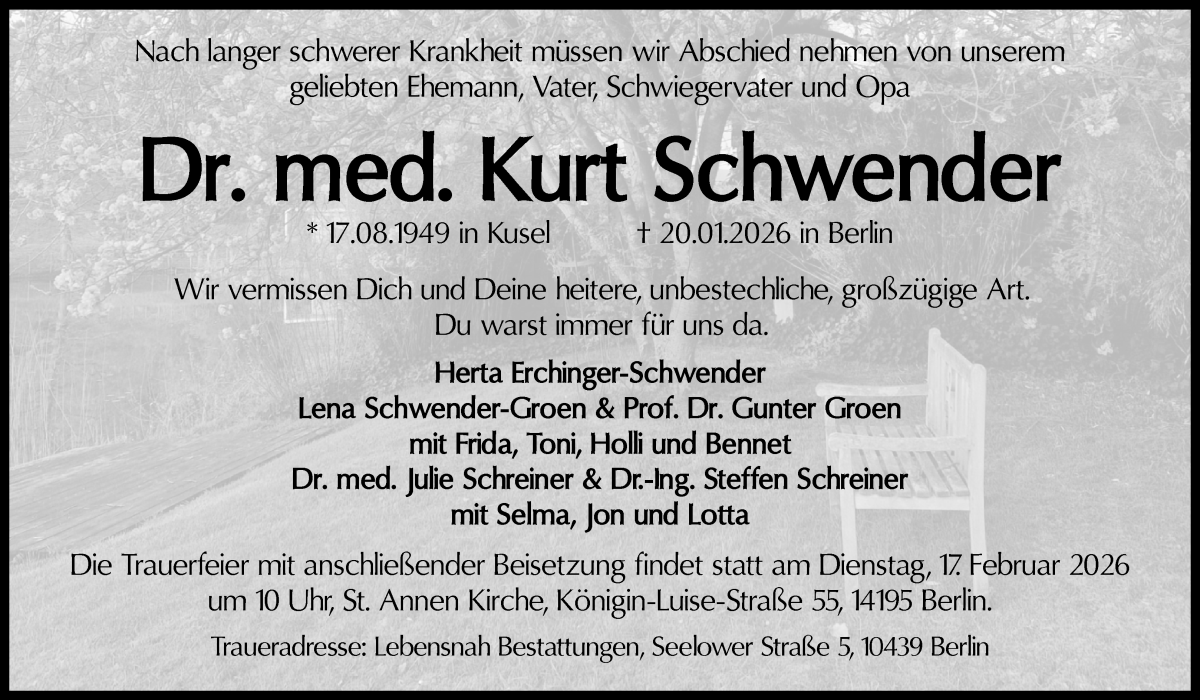 Traueranzeige von Kurt Schwender von WESER-KURIER