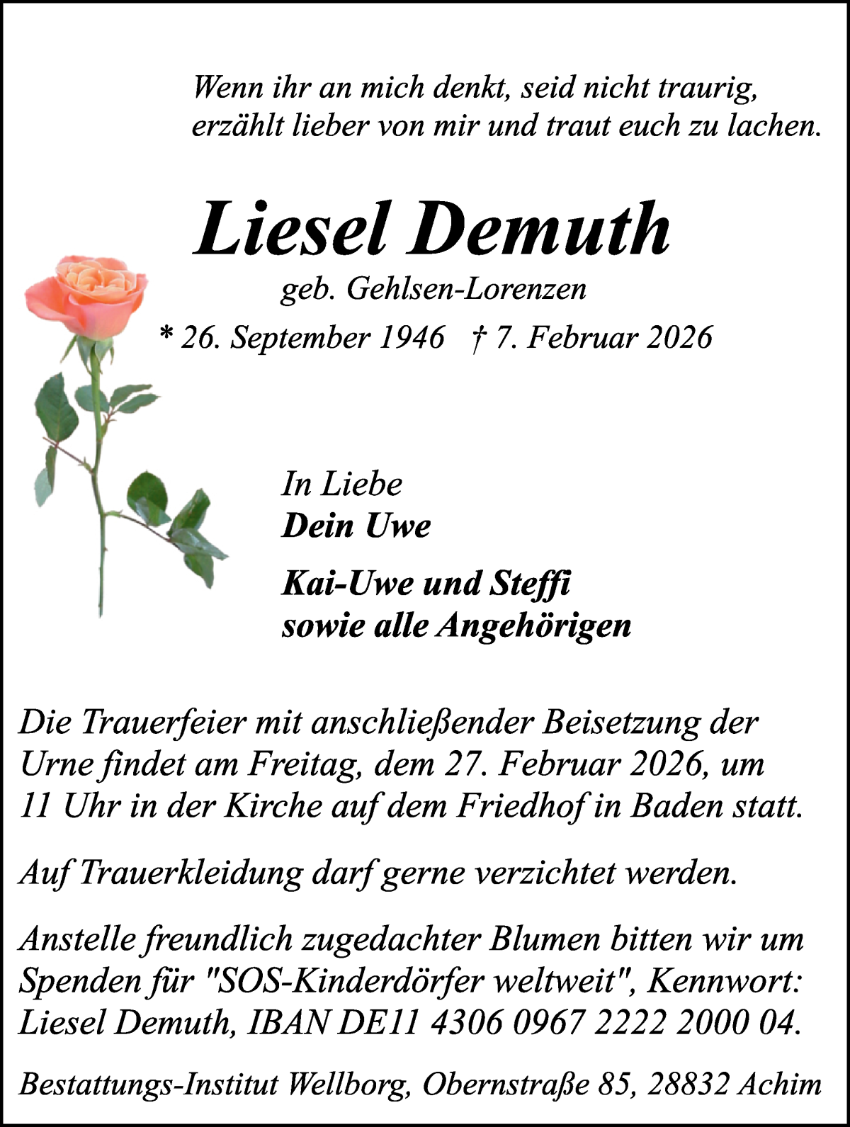 Traueranzeige von Liesel Demuth von Achimer Kurier/Verdener Nachrichten