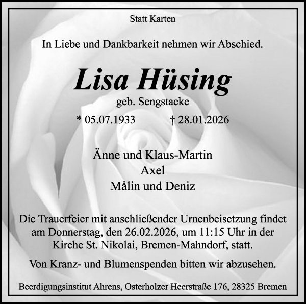 Traueranzeige von Lisa Hüsing von WESER-KURIER