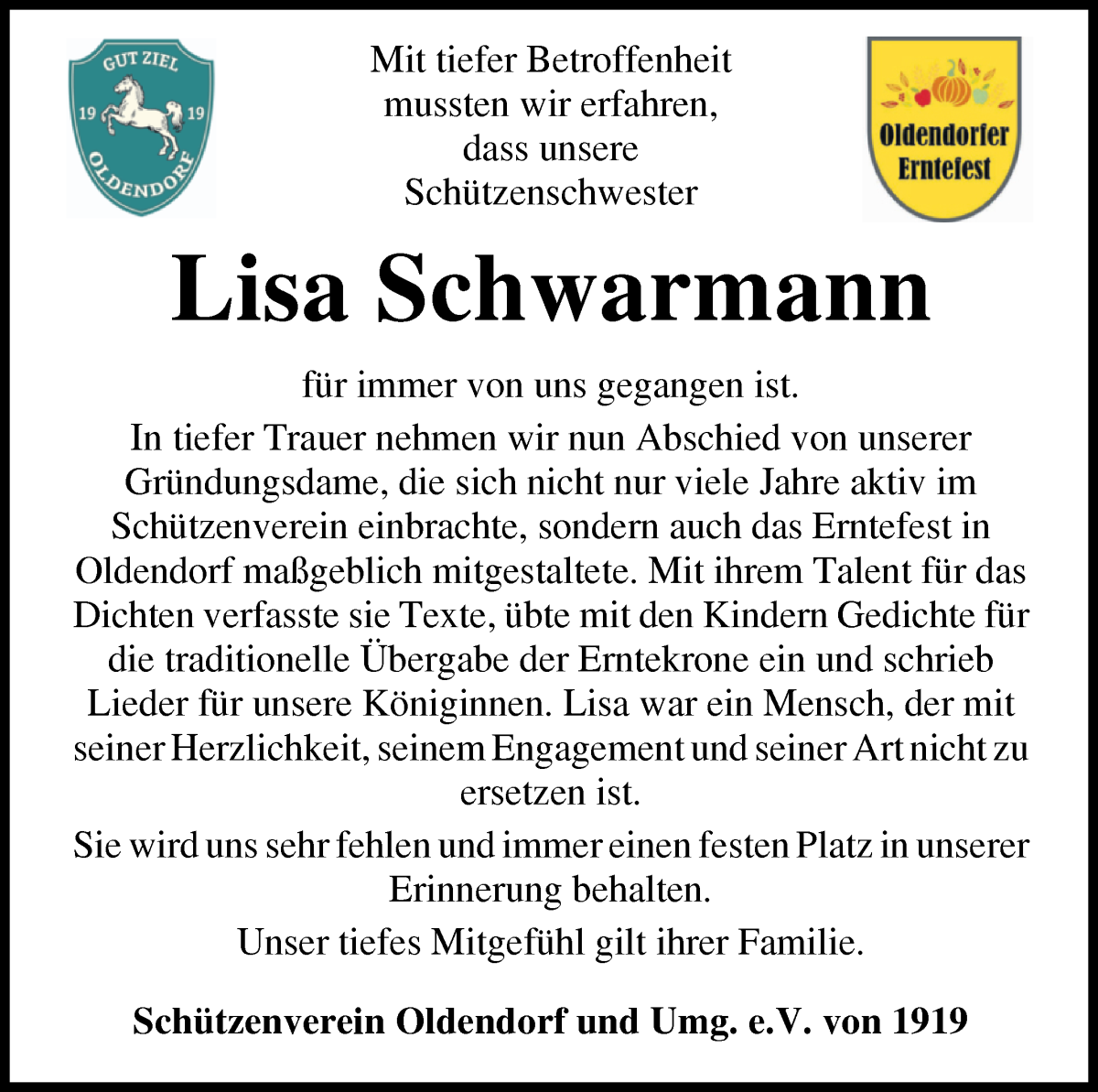 Traueranzeige von Lisa Schwarmann von Osterholzer Kreisblatt