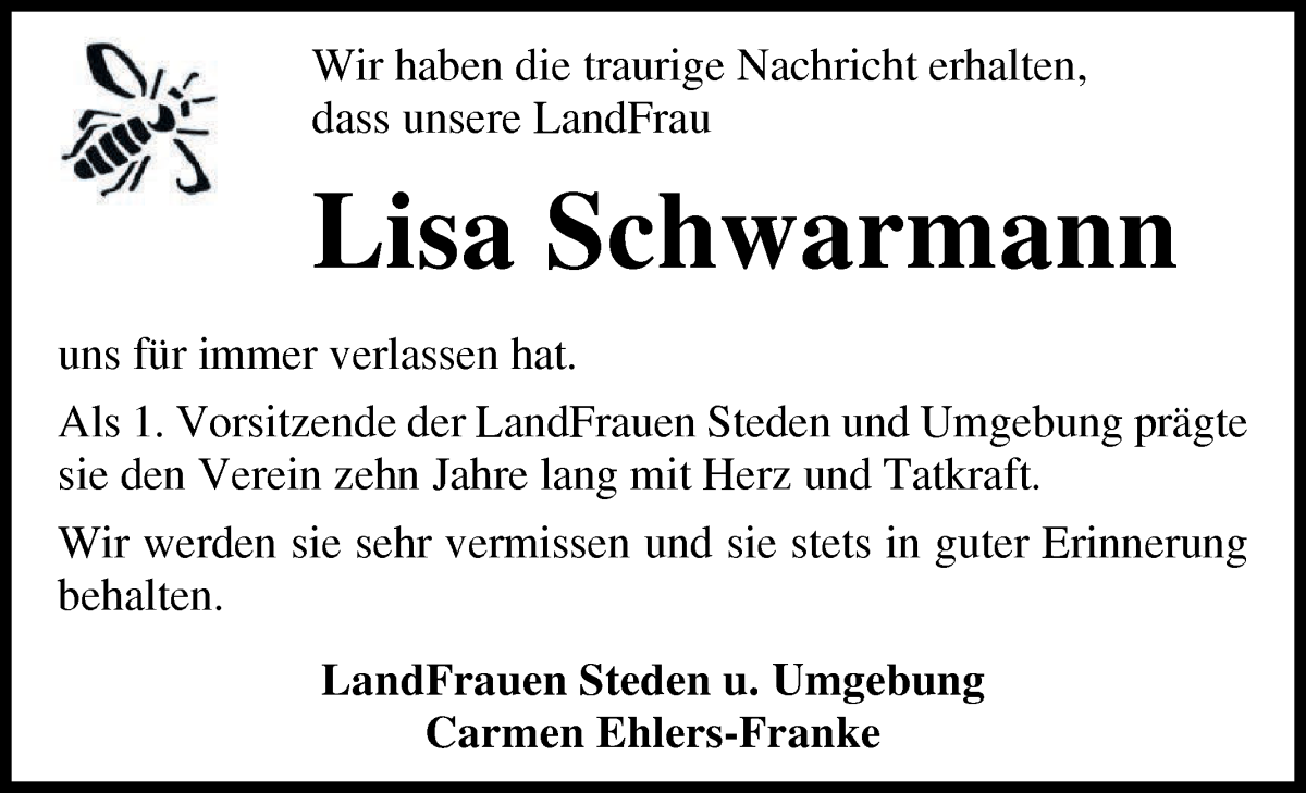 Traueranzeige von Lisa Schwarmann von Osterholzer Kreisblatt