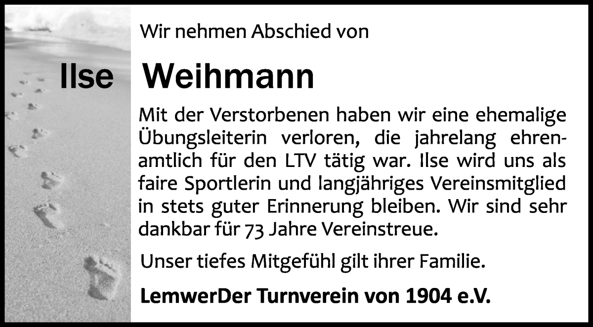 Traueranzeige von Lise Weihmann von Die Norddeutsche