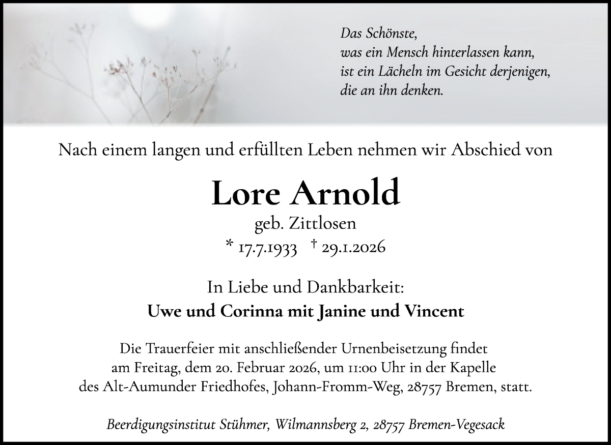 Traueranzeige von Lore Arnold von WESER-KURIER