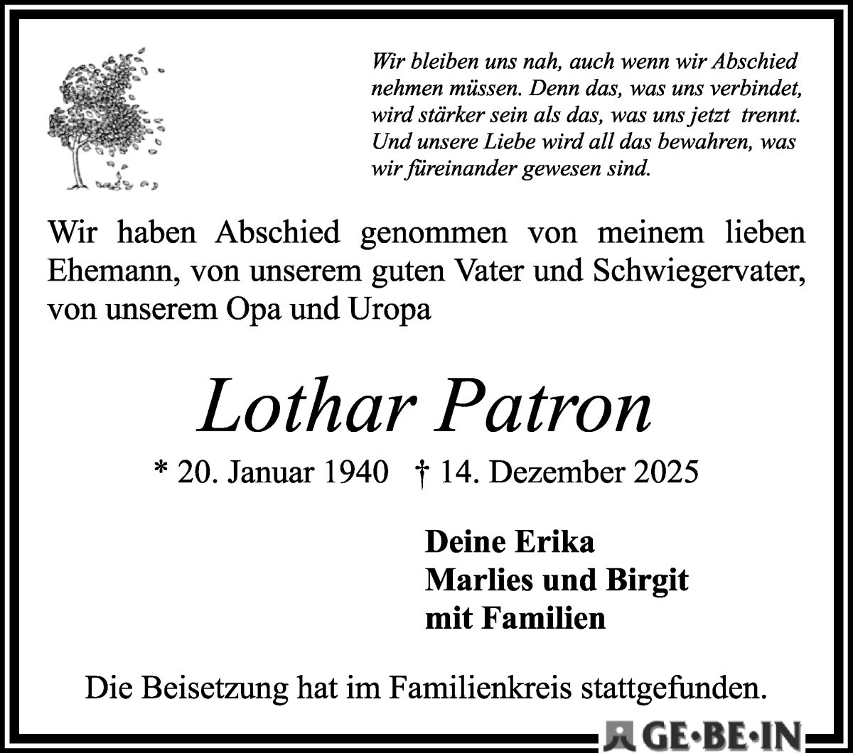 Traueranzeige von Lothar Patron von WESER-KURIER