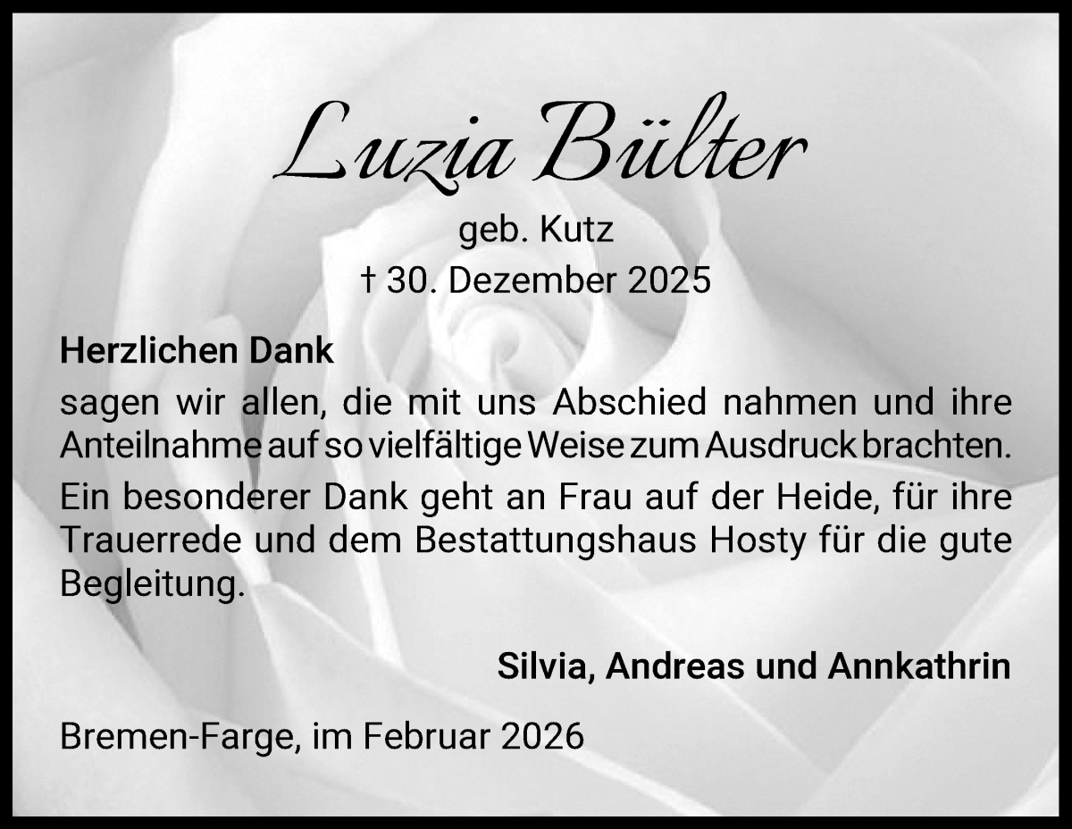 Traueranzeige von Luzia Bülter von Die Norddeutsche